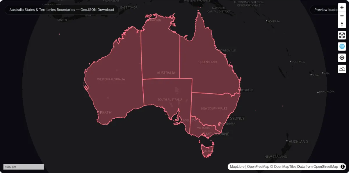 Australia States & Territories Boundaries — GeoJSON Download: actual dataset map preview