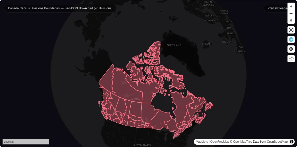 Canada Census Divisions Boundaries — GeoJSON Download (76 Divisions): actual dataset map preview