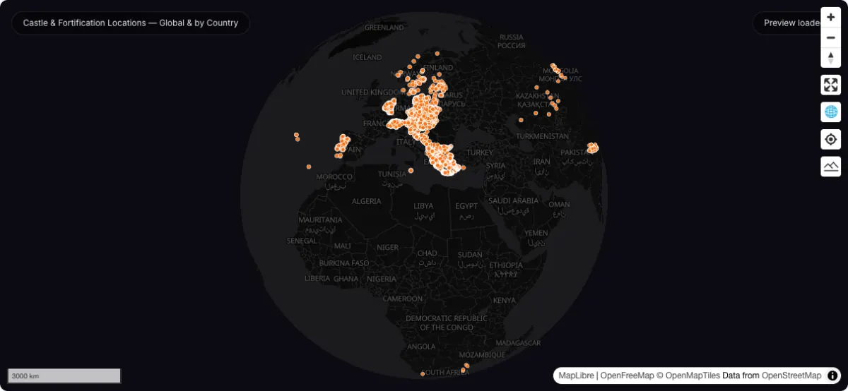 Castle & Fortification Locations — Global & by Country: actual dataset map preview