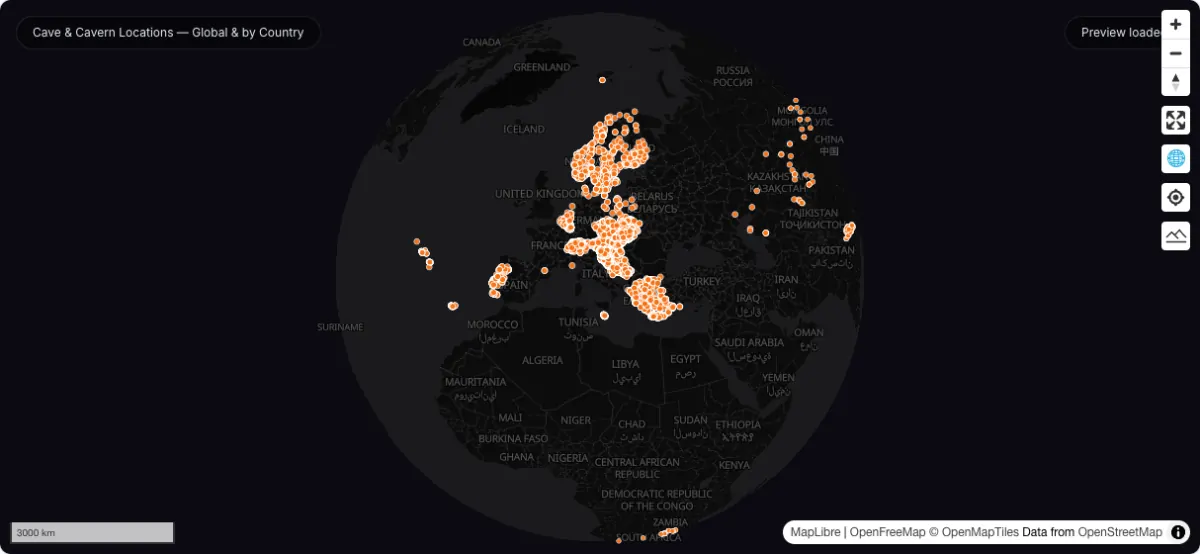 Cave & Cavern Locations — Global & by Country: actual dataset map preview