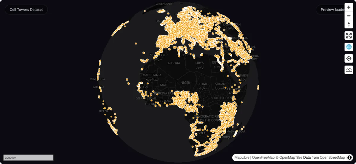Cell Towers Dataset: actual dataset map preview