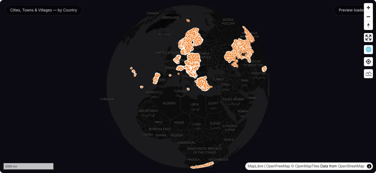 Cities, Towns & Villages — by Country: actual dataset map preview