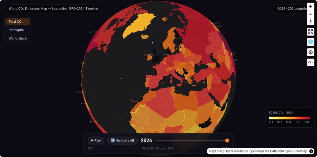 World CO₂ Emissions Map — Interactive 1970–2024 Timeline: actual dataset map preview