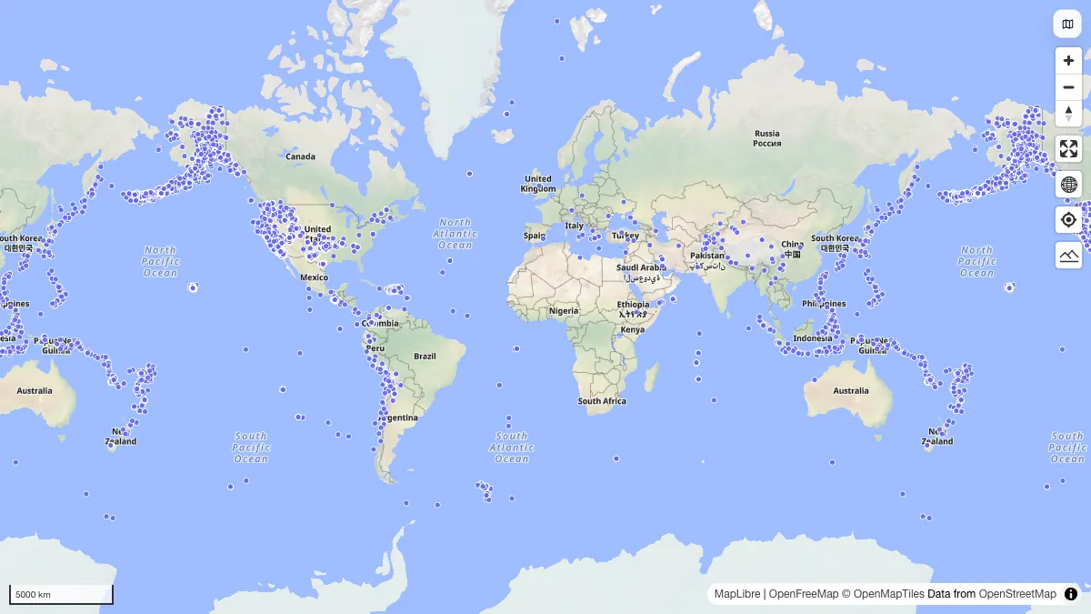 Earthquakes (30d): actual dataset map preview