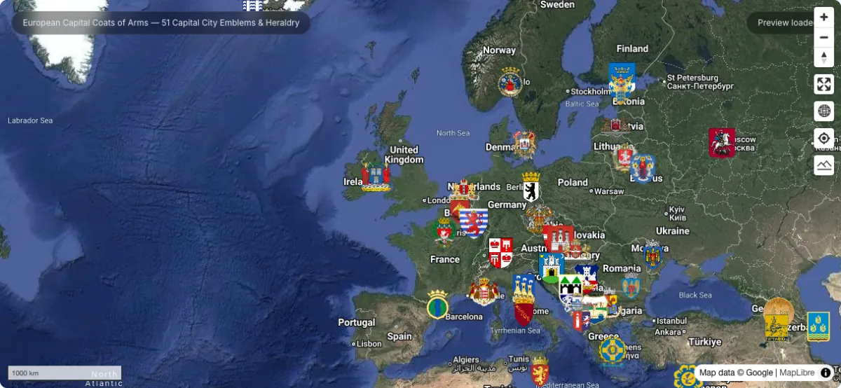 European Capital Coats of Arms — 51 Capital City Emblems & Heraldry: actual dataset map preview