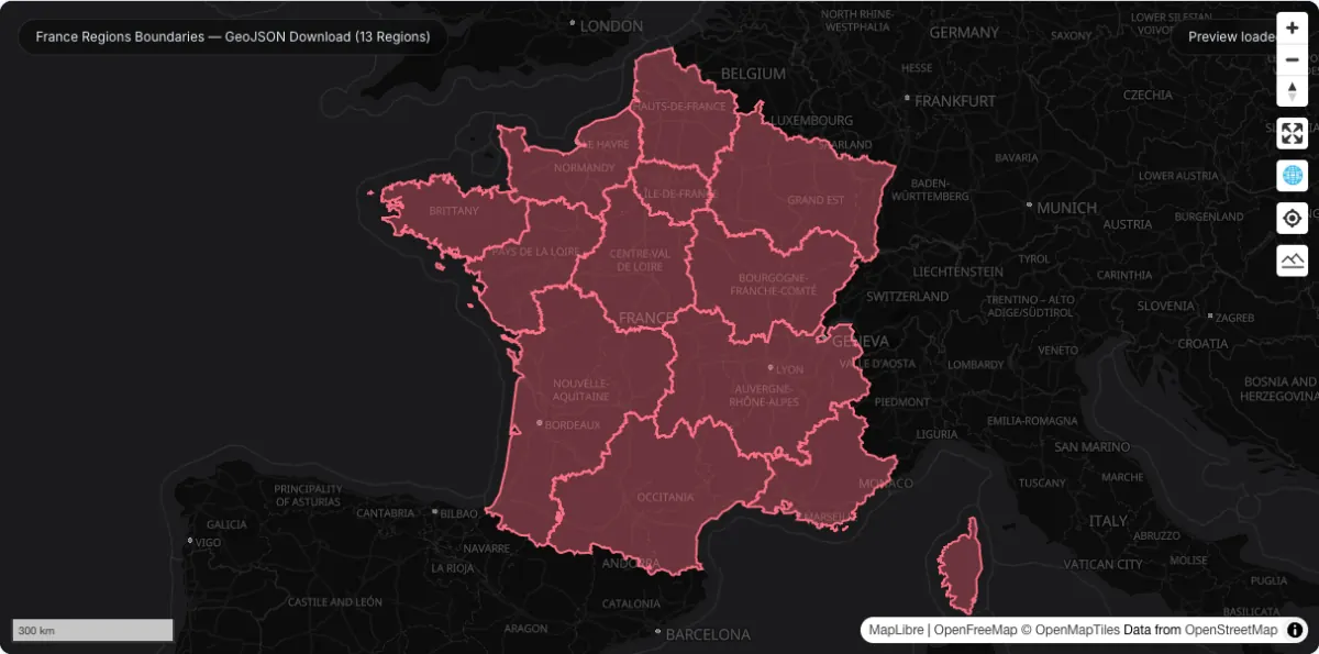France Regions Boundaries — GeoJSON Download (13 Regions): actual dataset map preview