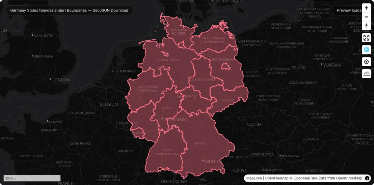 Germany States (Bundesländer) Boundaries — GeoJSON Download: actual dataset map preview