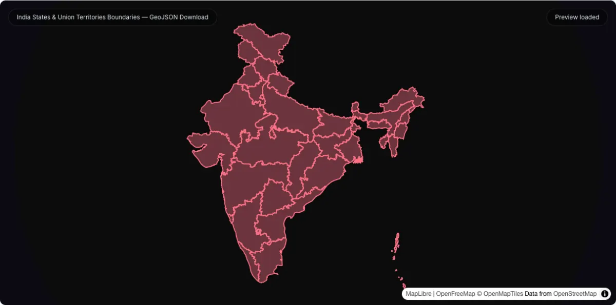 India States & Union Territories Boundaries — GeoJSON Download: actual dataset map preview