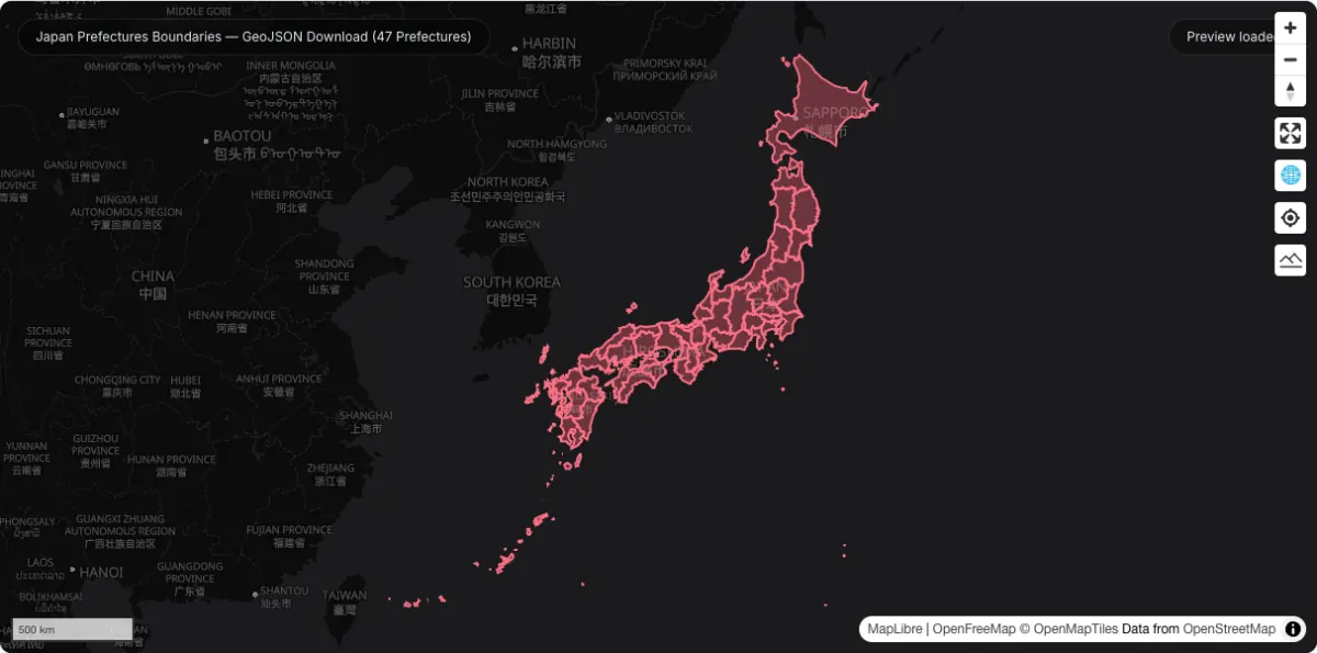 Japan Prefectures Boundaries — GeoJSON Download (47 Prefectures): actual dataset map preview