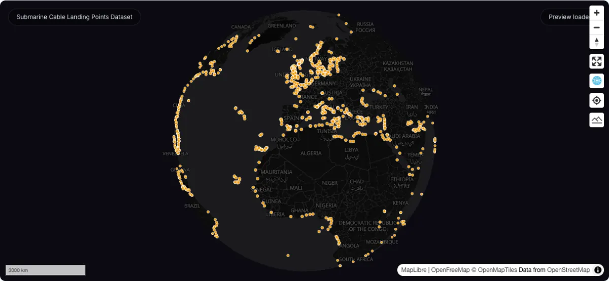 Submarine Cable Landing Points Dataset: actual dataset map preview