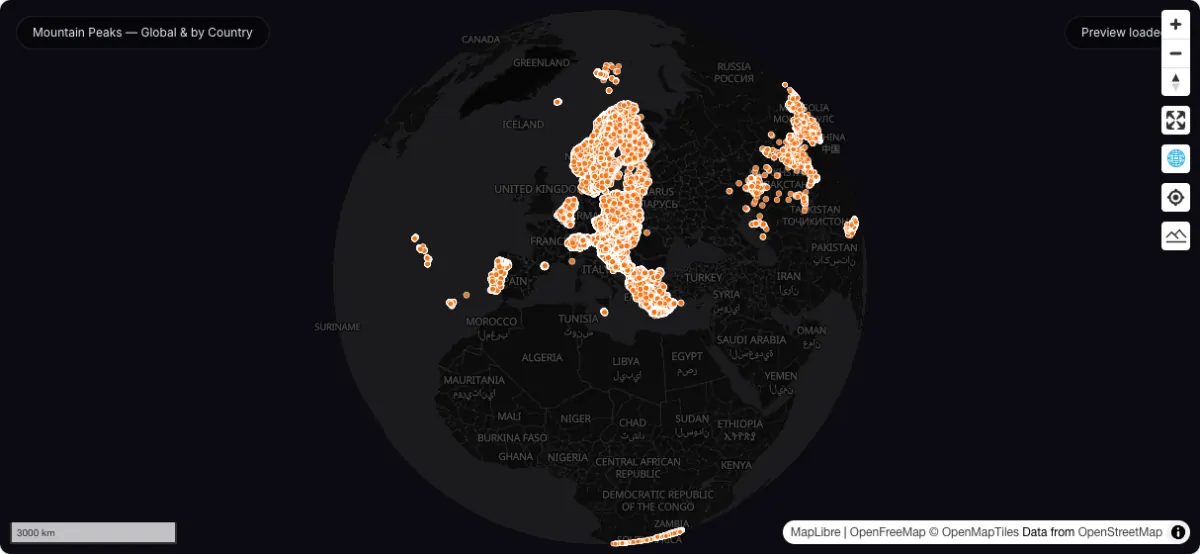 Mountain Peaks — Global & by Country: actual dataset map preview