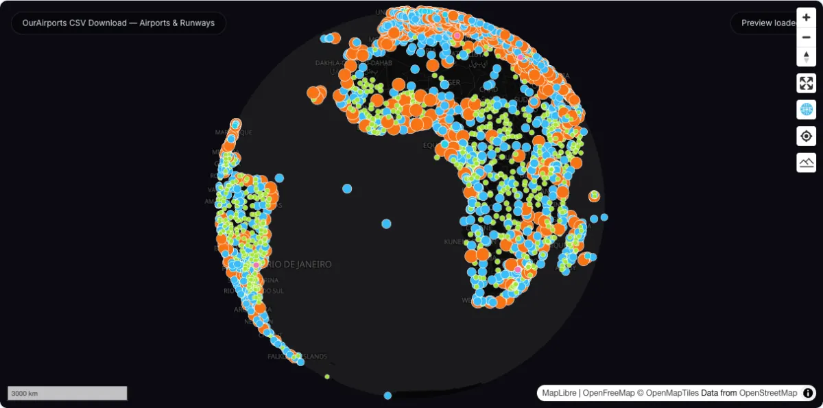 OurAirports CSV Download — Airports & Runways: actual dataset map preview