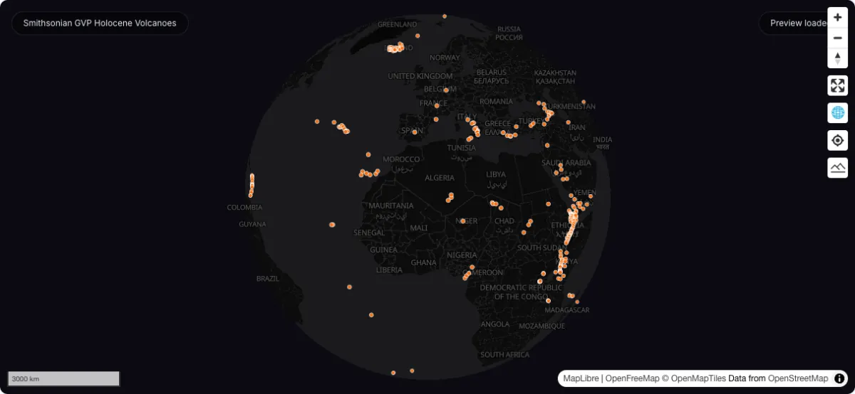 Smithsonian GVP Holocene Volcanoes: actual dataset map preview