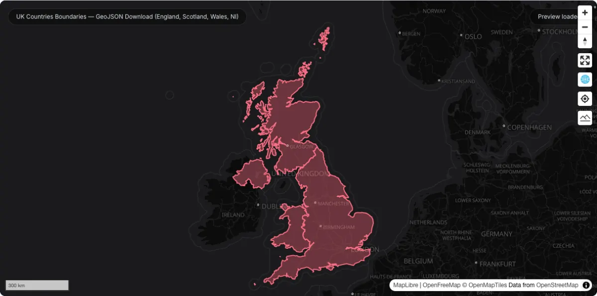 UK Countries Boundaries — GeoJSON Download (England, Scotland, Wales, NI): actual dataset map preview