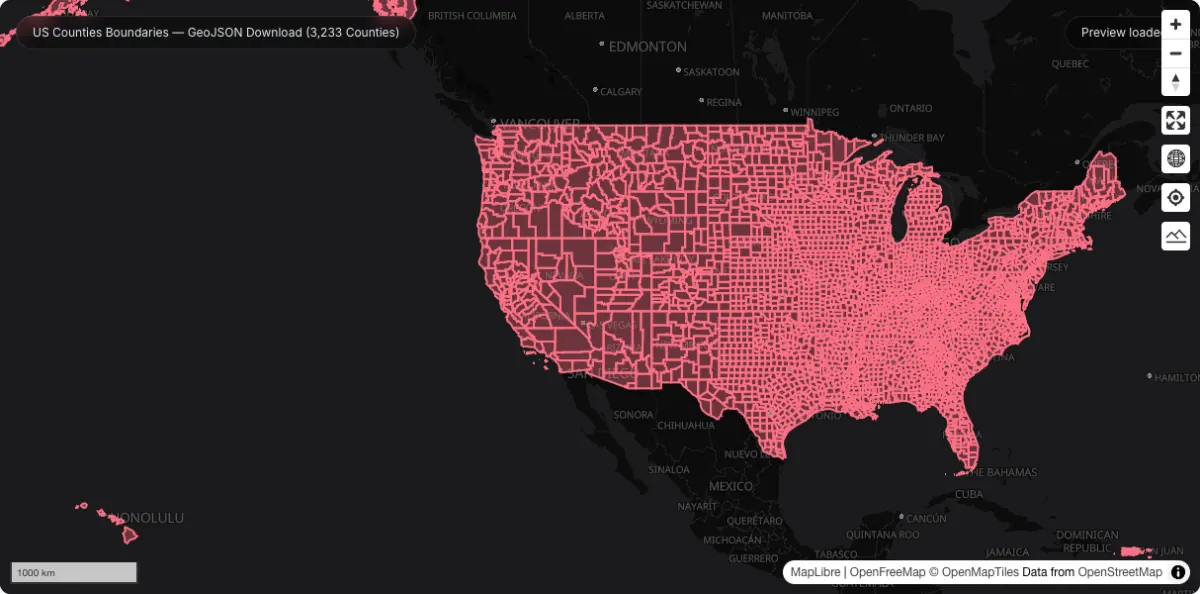 US Counties Boundaries — GeoJSON Download (3,233 Counties): actual dataset map preview