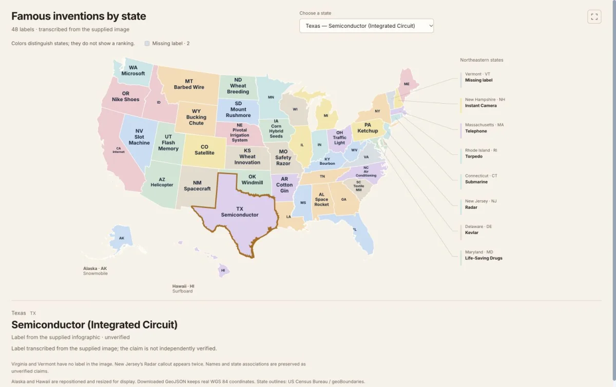 Famous Inventions by US State — Infographic Map & Dataset: actual SVG state map with Alaska and Hawaii insets