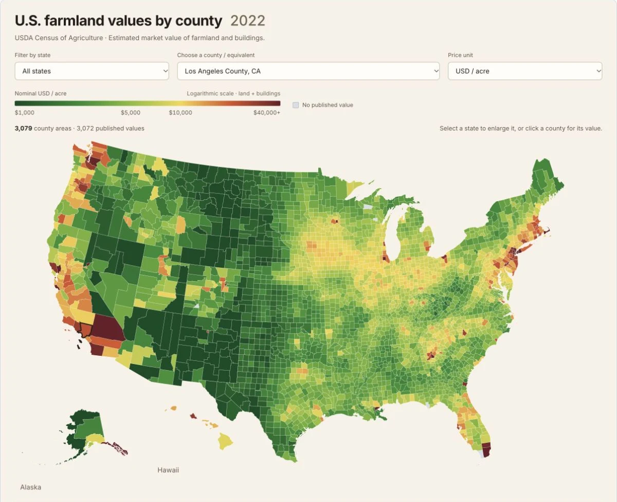 2022 US Farmland Values by County — Land & Buildings Map: actual USDA county map with Alaska and Hawaii insets