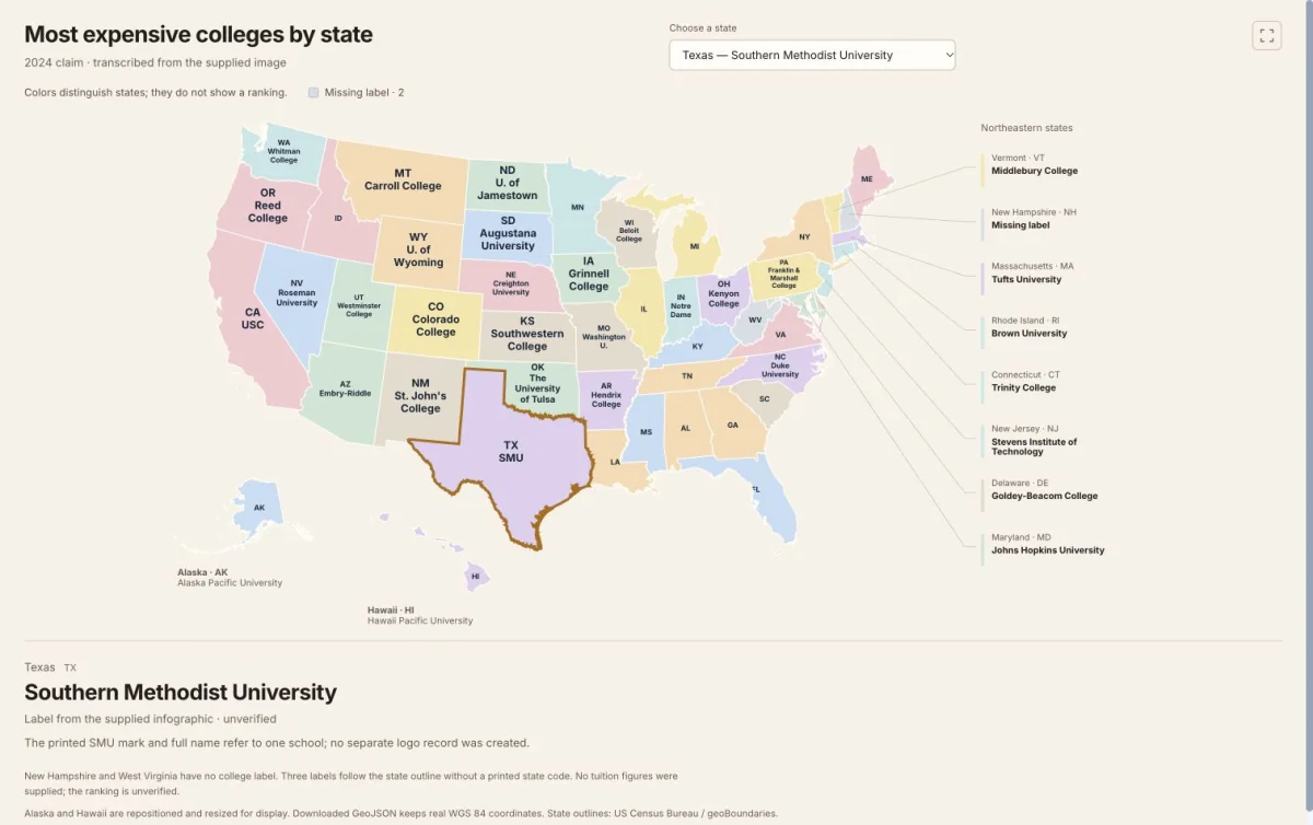 Most Expensive Colleges by US State (2024) — Infographic Map & Dataset: actual SVG state map with Alaska and Hawaii insets