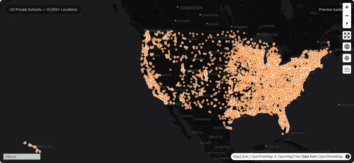US Private Schools — 31,000+ Locations: actual dataset map preview
