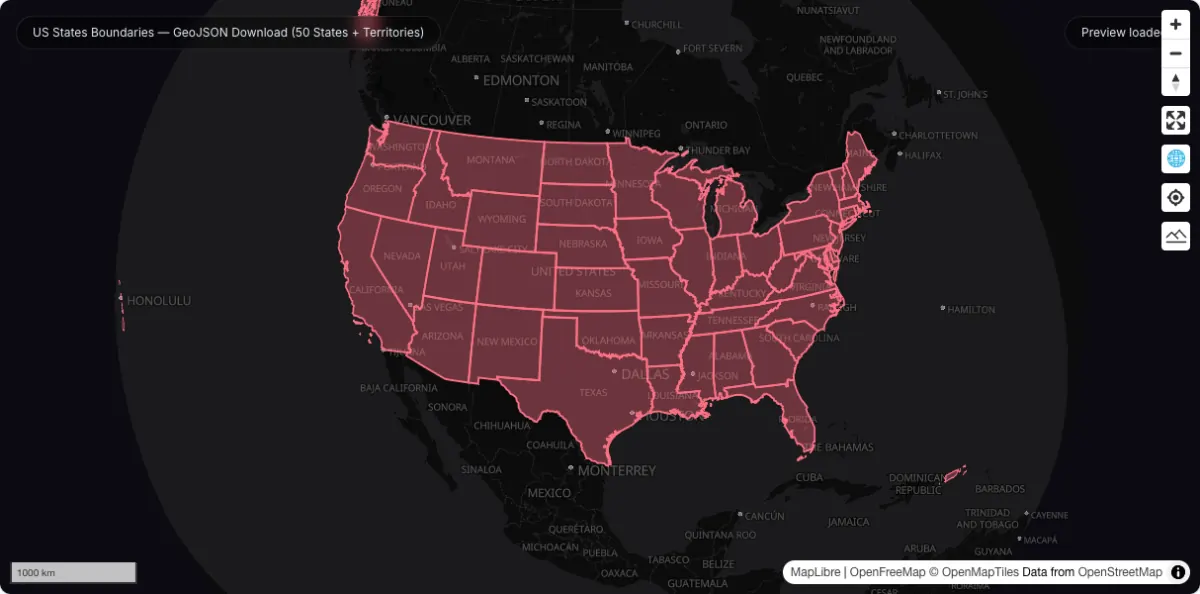 US States Boundaries — GeoJSON Download (50 States + Territories): actual dataset map preview
