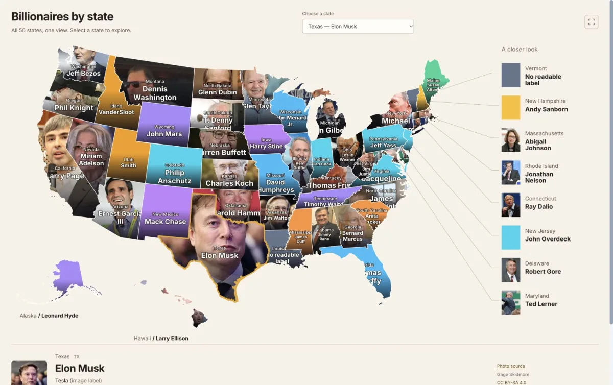 Top Billionaires by US State — Infographic Map & Dataset: licensed portrait map with Alaska and Hawaii insets