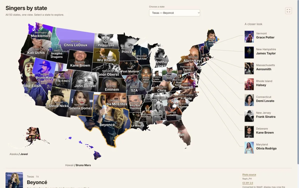 Top Singers by US State — Infographic Map & Dataset: licensed portrait map with Alaska and Hawaii insets