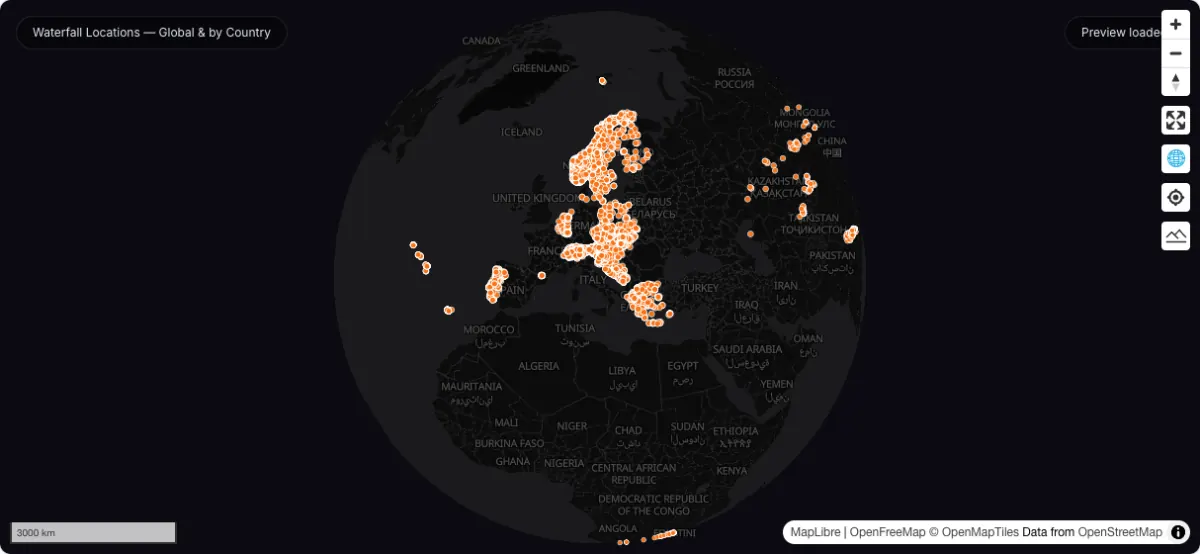 Waterfall Locations — Global & by Country: actual dataset map preview
