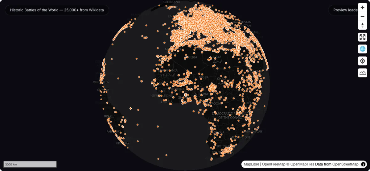 Historic Battles of the World — 25,000+ from Wikidata: actual dataset map preview