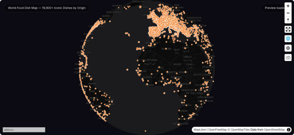 World Food Dish Map — 19,900+ Iconic Dishes by Origin: actual dataset map preview