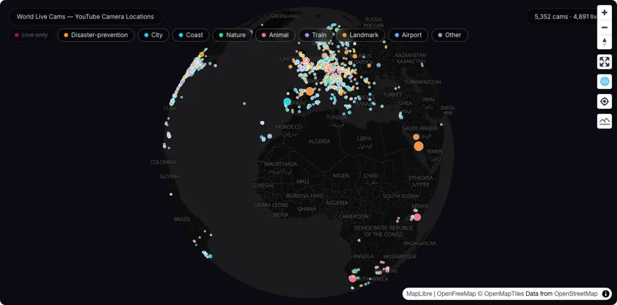 World Live Cams — YouTube Camera Locations: actual dataset map preview