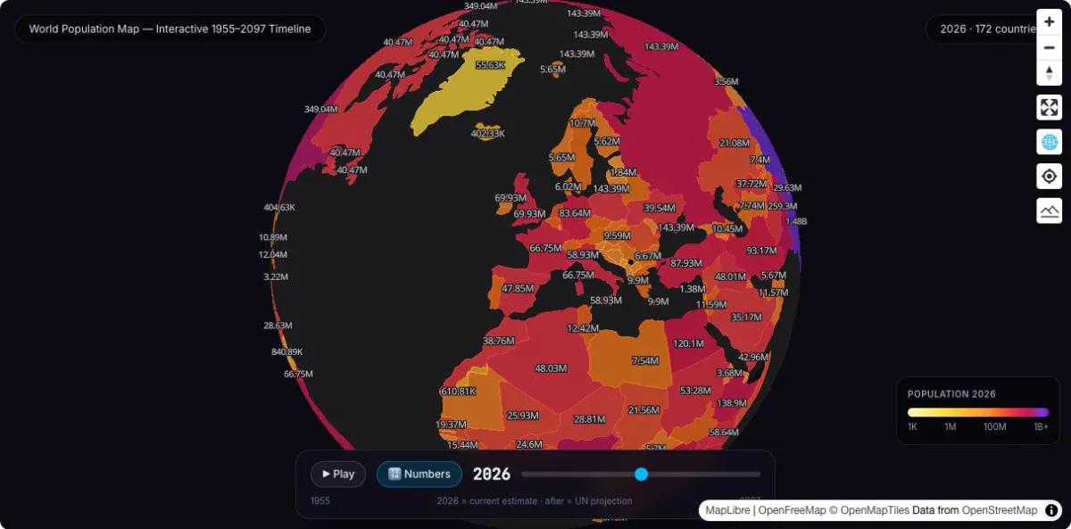 World Population Map — Interactive 1955–2097 Timeline: actual dataset map preview